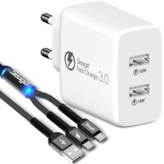 36W 퀵차지 QC3.0 2포트 멀티 USB 고속 충전기 + 메탈 C타입 2in1 멀티 고속 케이블 1.2m 세트