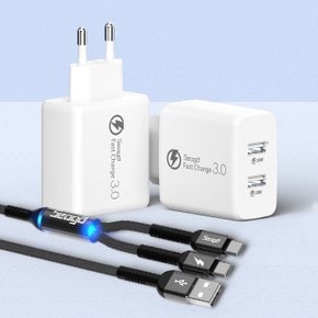 36W 퀵차지 QC3.0 2포트 멀티 USB 고속 충전기 + 메탈 C타입 2in1 멀티 고속 케이블 1.2m 세트