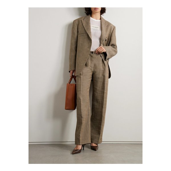 플리츠 체크 리넨 혼방 와이드 팬츠 브라운 1647597326702314