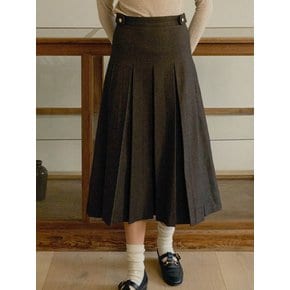 T Gold Button Twill Pleats Skirt_Brown