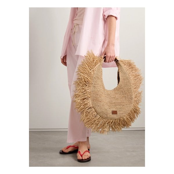 스타우드 문 라지 가죽 트리밍 프린지 라피아 토트 뉴트럴 1647597357747062