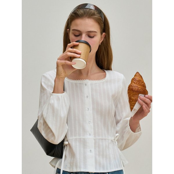 스퀘어넥 레이스 웨이스트 블라우스  화이트 J1930