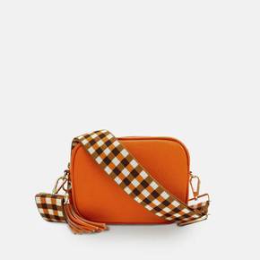 4867051 Apatchy London Orange Leather Crossbody Bag With  Tan Checks Strap