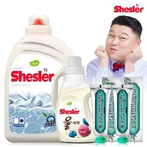 강호동의 쉬슬러 액상 세제 센스티브 3.05L 1개+울전용 650ml 1개+구취케어 치약100g 2개.