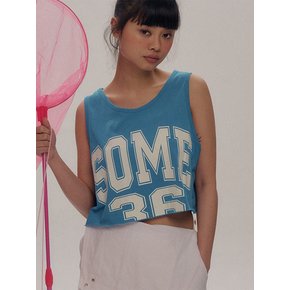 Loose Fit Lettering Crop Layered Sleeveless T-Shirt [Blue]