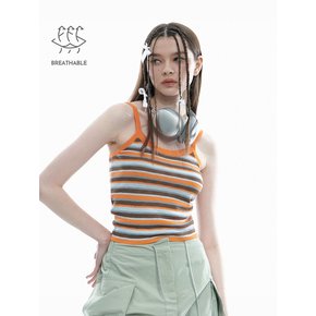 Color Matching Dangara Stripe Cropped Sleeveless T-shirt [Orange]