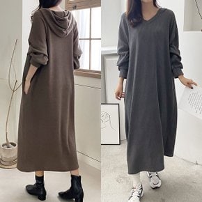 우디 후드V원피스 빅사이즈 여성의류 가을 롱원피스