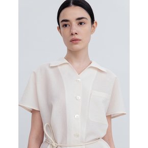 SPREAD COLLAR LEATHER STRING BELT BLOUSE TOP