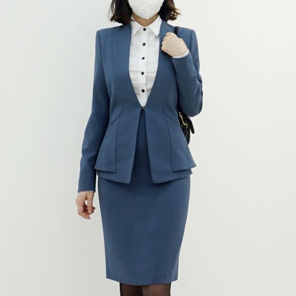 확대된 대표 스타일라떼 / 여성 노카라 재킷 이중 페플럼 슬림 정장 자켓