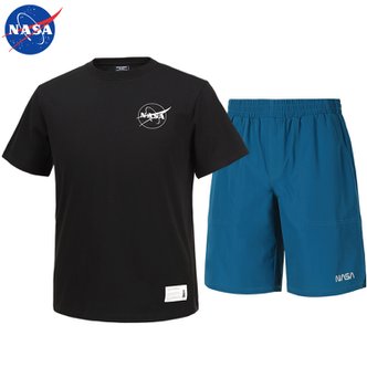 NASA 나사 남녀공용 면 라운드 반팔티+우븐 5부 반바지 상하세트 N-161UBK+N-055PGB 남자 여성 티셔츠 숏팬츠 여름바지 빅사이즈