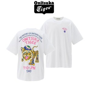오니츠카타이거 남녀 공용 오버사이즈 그래픽 반팔 티셔츠 화이트 핑크 2183B531.100