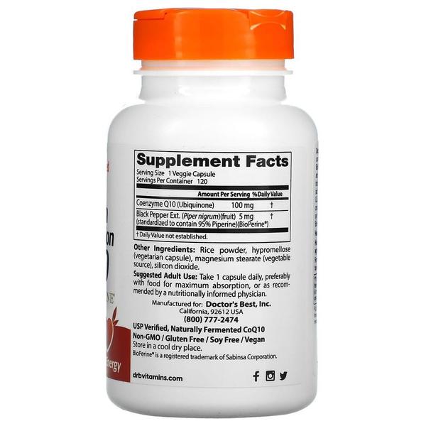 [해외직구] Doctor`s Best 닥터스베스트 하이 앱소프션 코큐텐 바이오페린 100mg 120베지캡슐 High Absorption CoQ10 with BioPerine 100mg