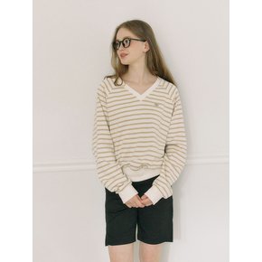 V-neck Stripe Cotton Sweatshirt - Beige