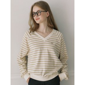 V-neck Stripe Cotton Sweatshirt - Beige