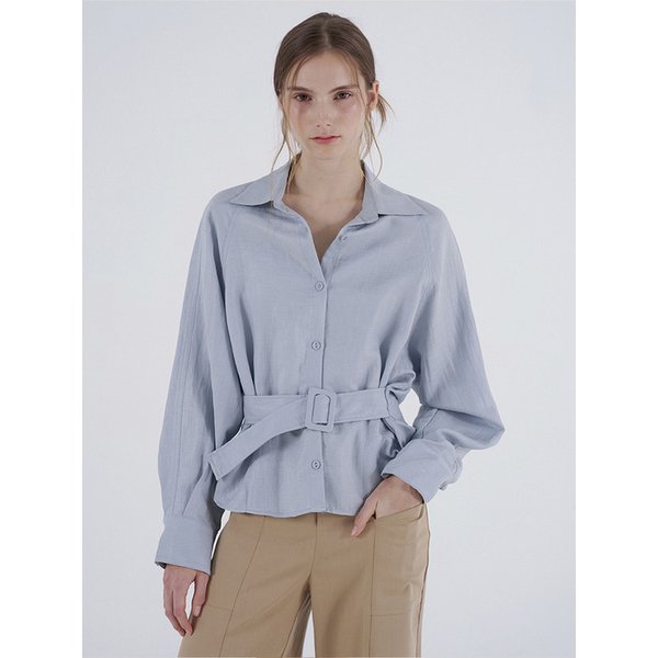 린넨 블랜디드 벨티드 블라우스 - 블루