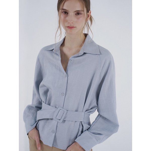 린넨 블랜디드 벨티드 블라우스 - 블루