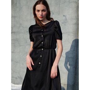 Jacqueline Puff Sleeve Satin Dress_Black