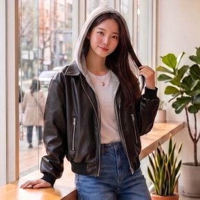 그리나 후드패치 집업 레더 자켓_F5091
