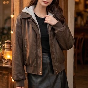 그리나 후드패치 집업 레더 자켓_F5091