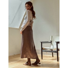 Leather rim satin skirt (Brown)