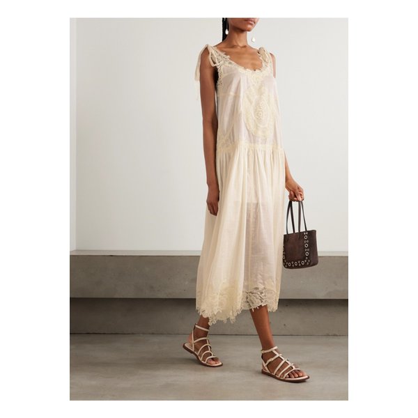 캐스케이디언 레이스 트리밍 체크 코튼 보일 미디 드레스 크림 46376663162892927