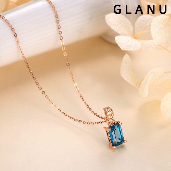 그래누 14K 스퀘어 천연 런던블루 토파즈 목걸이
