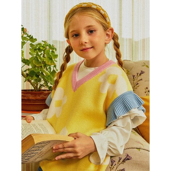 플라워 옐로우 유아 아동 여아 니트 베스트