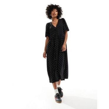 이스퀘어 4542228 Monki short sleeve button up midi dress in black and white monochrome polka dot