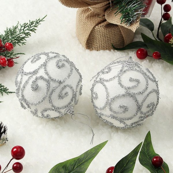 실버화이트 글리터 장식볼 2p세트(10cm) (반짝이윈드)