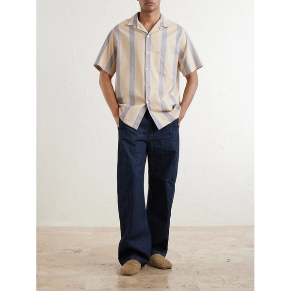 포르투기스 플란넬 루사다 캠프 칼라 자수 스트라이프 코튼 셔츠 46376663163010566