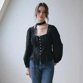 HEART NECK SHIRRING BLOUSE_BLACK