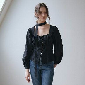 HEART NECK SHIRRING BLOUSE_BLACK