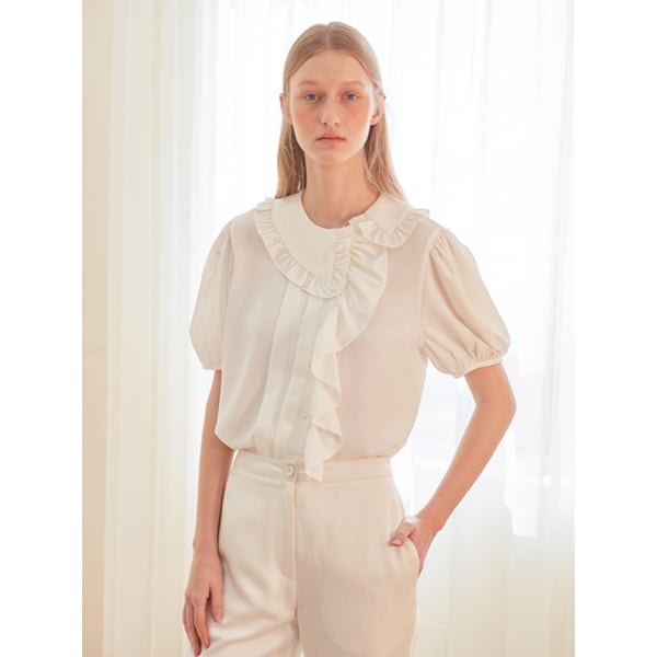 [LINE] Unbalanced Shirring Frill Blouse (Ivory)