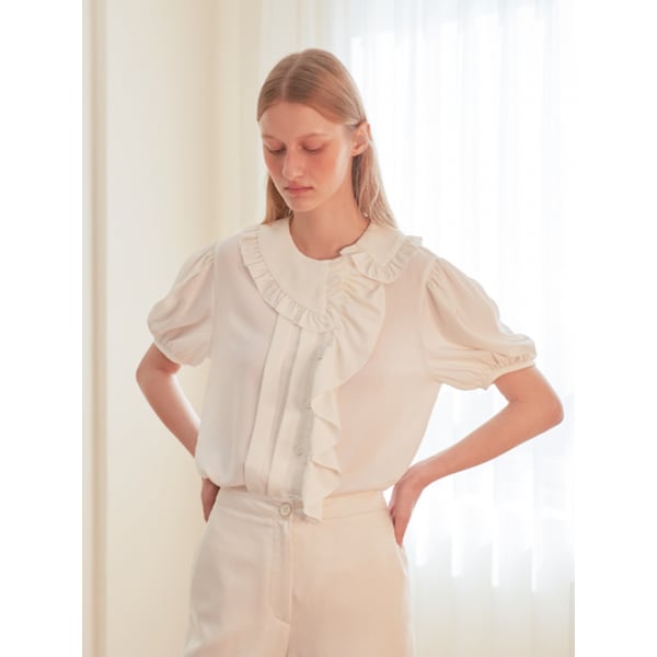 [LINE] Unbalanced Shirring Frill Blouse (Ivory)