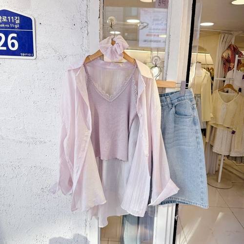 (3set) 시스루 셔츠 레이스 나시 머리끈 세트