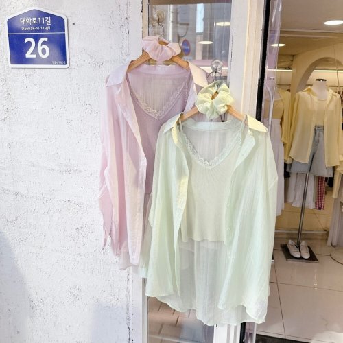 (3set) 시스루 셔츠 레이스 나시 머리끈 세트