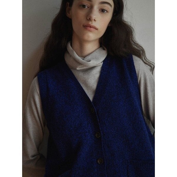 Wool tweed vintage V-neck open vest knit - 4color