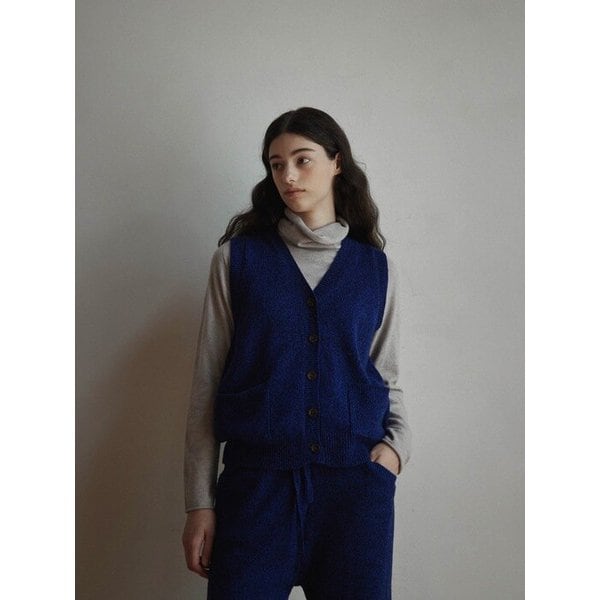 Wool tweed vintage V-neck open vest knit - 4color