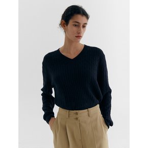 LOOSE FIT COTTON CABLE V-NECK KNIT_NAVY