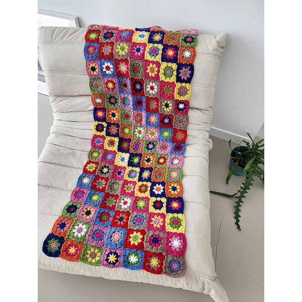 무지개 컬러 플라워 네모 패턴 모티브 핸드메이드 모티브 블랭킷