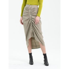 BUTTON POINT SHIRRING CHECK SKIRT - GREEN