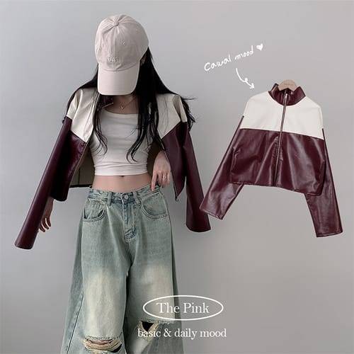 더핑크 / 아림 하이넥 배색 라이더 레더 자켓(3color)