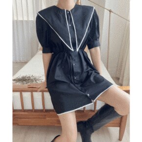 레모아 썸머 코튼 빅카라 세일러 퍼프 미니 스트랩 리본 귀여운 면 벌룬 캐주얼.._P324122140