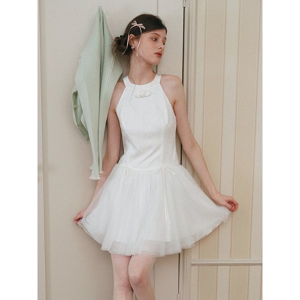 Cest_Mesh layer halter neck dress