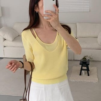  [옷자락] 여자 레이어드 나시 브이넥반팔 시스루 여름 티셔츠