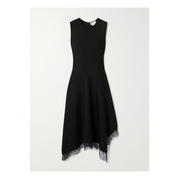 비대칭 레이스 트리밍 우븐 미디 드레스 블랙 46376663162891903