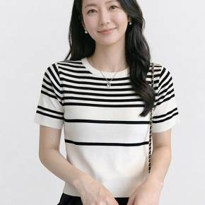 NK3596 데일리 단가라 포인트 라운드넥 크롭 반팔 니트티