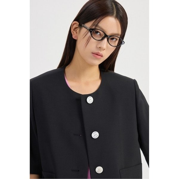 Round Neck Ribbon Point Short Sleeve Jacket (black) LFJAM26410BKX
