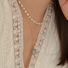 PRN092+PRN090 (2SET) TURQUOISE CHAIN NECKLACE+ELLACO PEARL NECKLACE