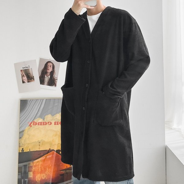 남자 데일리 무지 리브드 골지 포켓 롱 가디건 5C-CA-Q118-검정